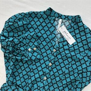 NY Collection Women's‎ 3/4 Rouched Sleeve Shirt Dress Size 2X Blue Geometric NWT